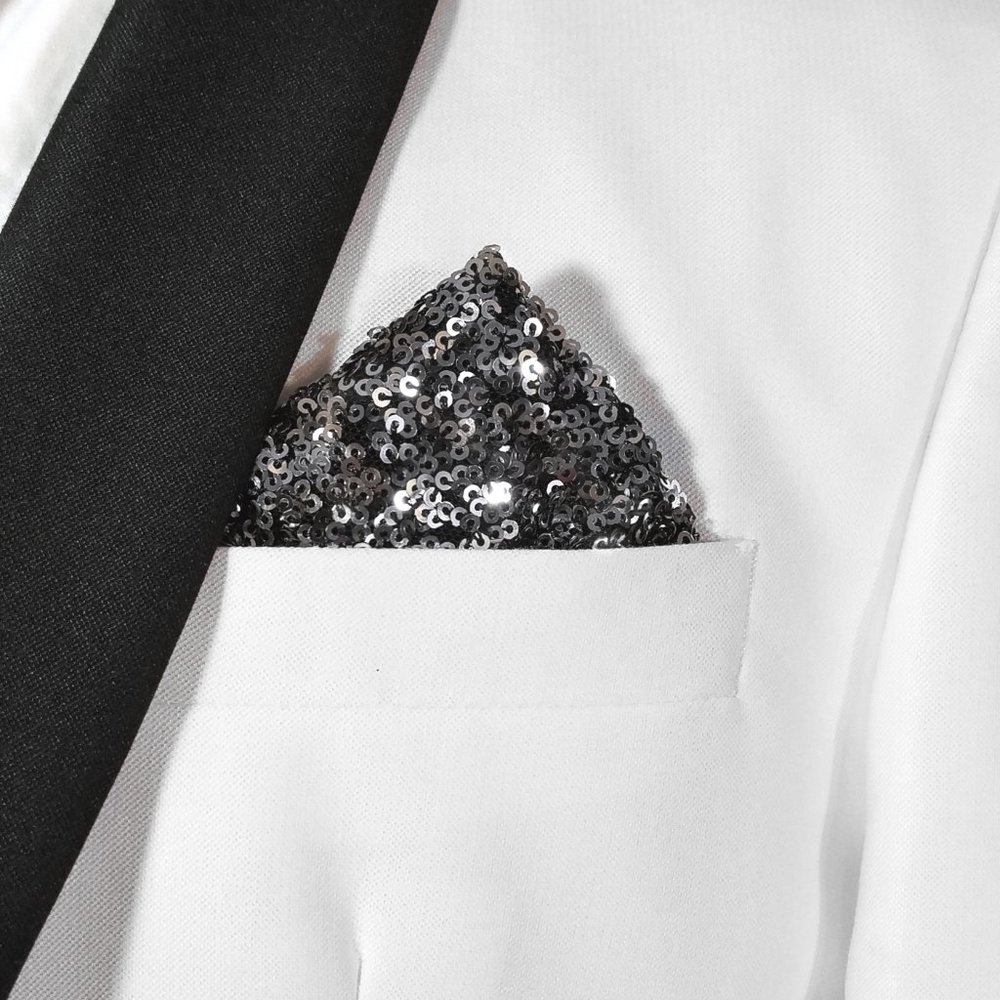 Men's Dark Silver & Black Sequin Pre-Folded Pocket Square Insert - Point Design